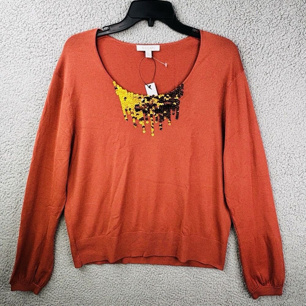 NEW Bogari Sweater Womens XL Toffy Sequin Silk Blend Scoop Neck Long Sleeve NWT